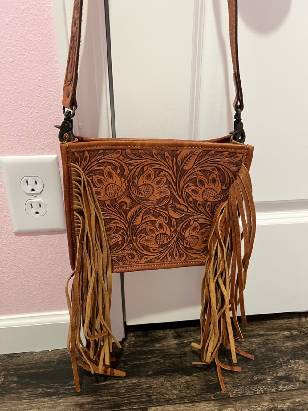American Darling Tooled Floral Leather Fringe Crossbody - Tan/Brown